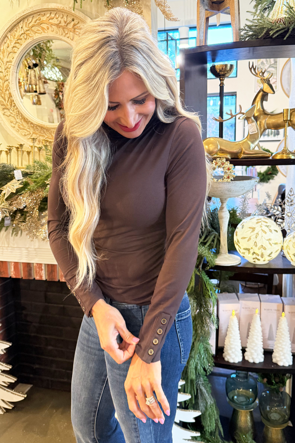 Lyocell Turtle Neck Button Cuff Top