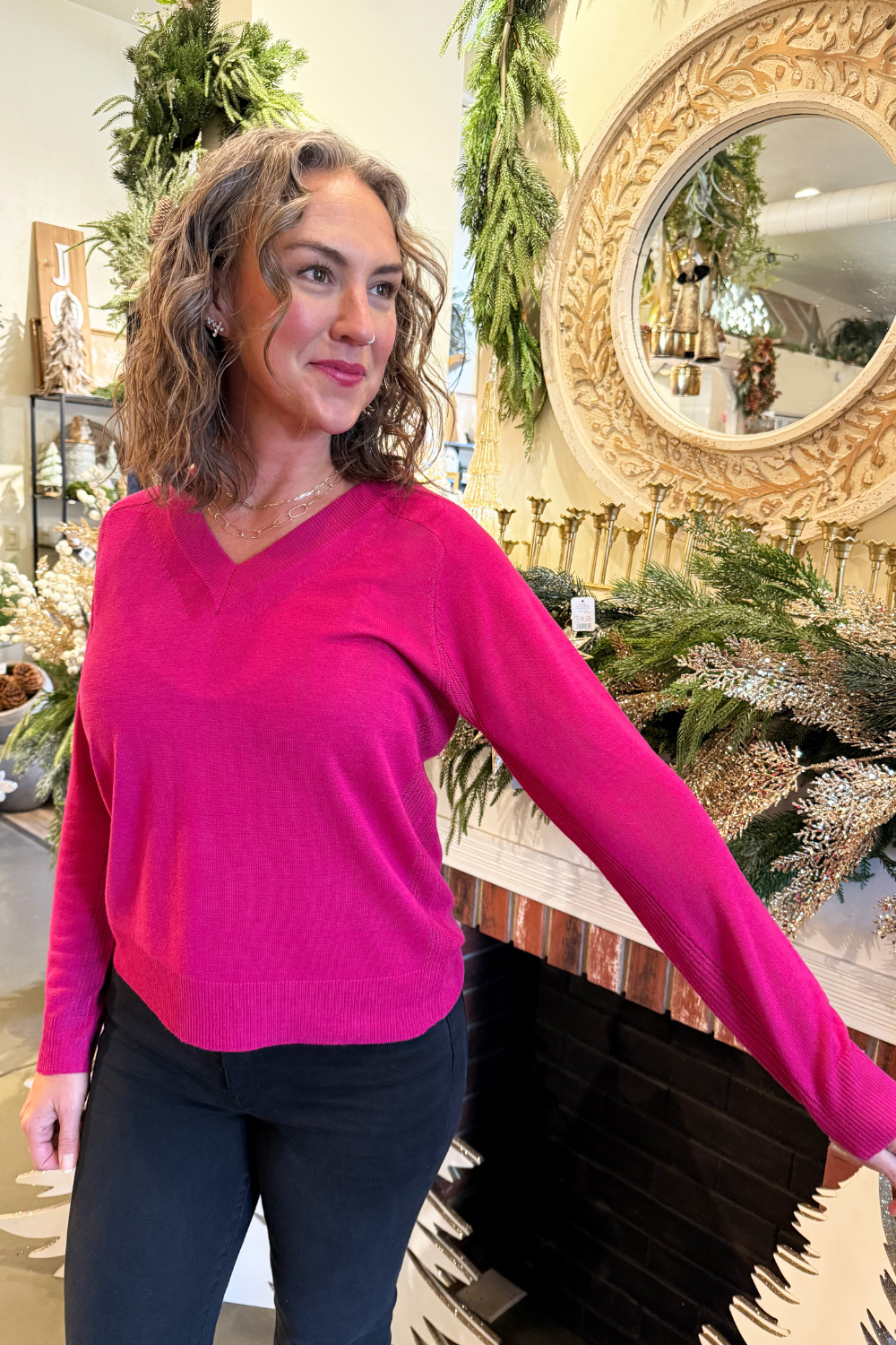 V Neck Long Sleeve Pointelle Striped Pullover