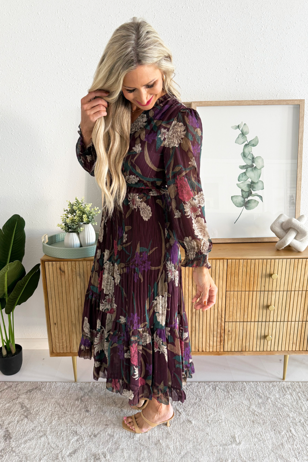 pleated surplice dress Pleated Long Sleeve Surplice Maxi Dress Green / L