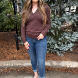 Knit Long Sleeve V Neck Collared Top