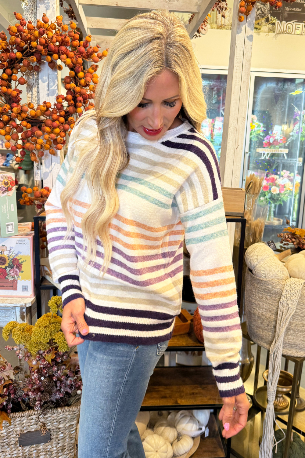 Multi Color Stripe Crew Neck Pullover Sweater
