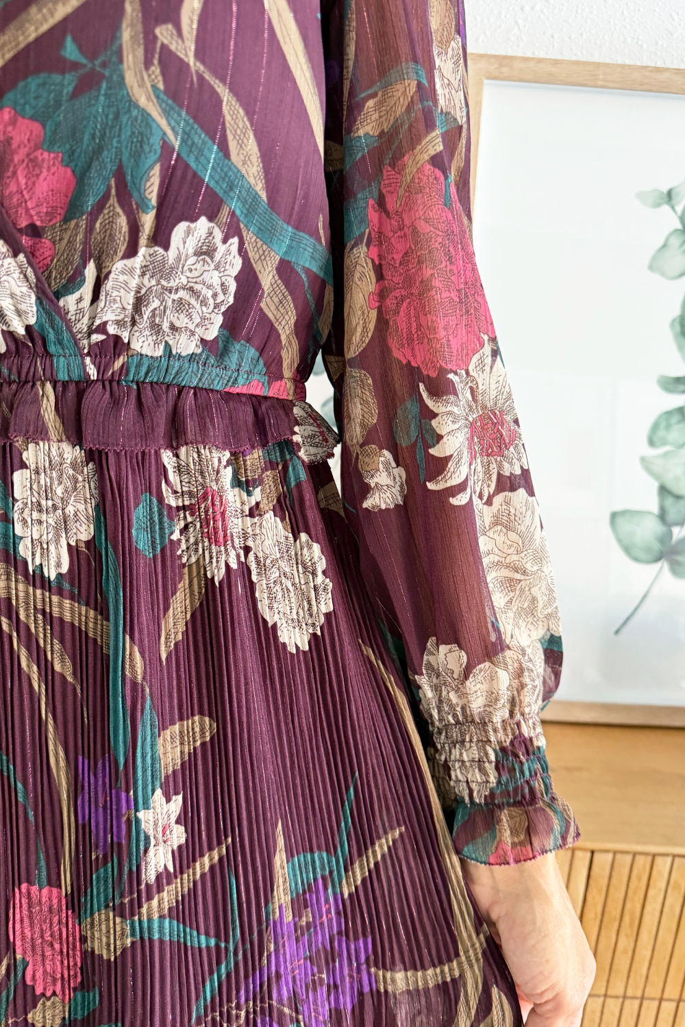 Floral Surplice Pleated Maxi Dress Small / Wine Multi Floral Surplice Pleated Maxi Dress Small / Wine Multi