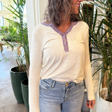 Color Trimmed Button Henley Long Sleeve Top