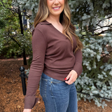 Knit Long Sleeve V Neck Collared Top