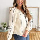Long Sleeve Woven Raglan Blouse W/ Embroidery