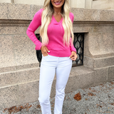 Knit Long Sleeve V Neck Collared Top