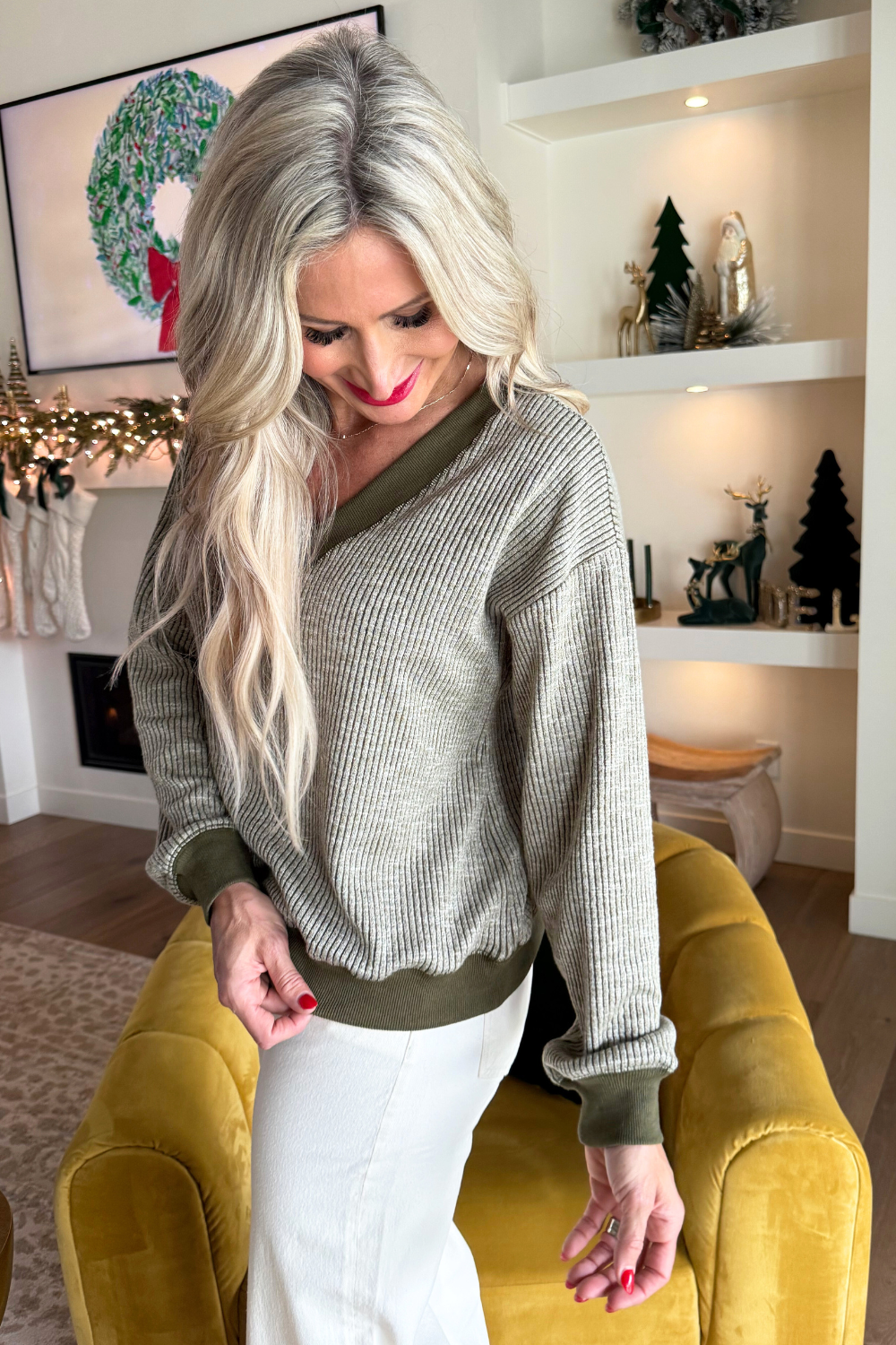 V Neck Oversized Vertical Stripe Two Tone Ribbed Top