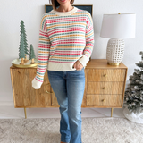 Multi Color Texture Striped Long Sleeve Crew Neck