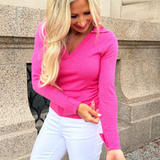 Knit Long Sleeve V Neck Collared Top