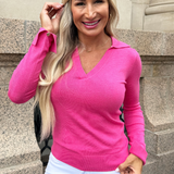 Knit Long Sleeve V Neck Collared Top