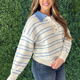 Collared Striped Knit Half Button Pullover