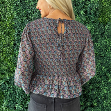 Printed Balloon Sleeve Peplum Top