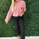 Nebraska Logo Patch Striped Button Up