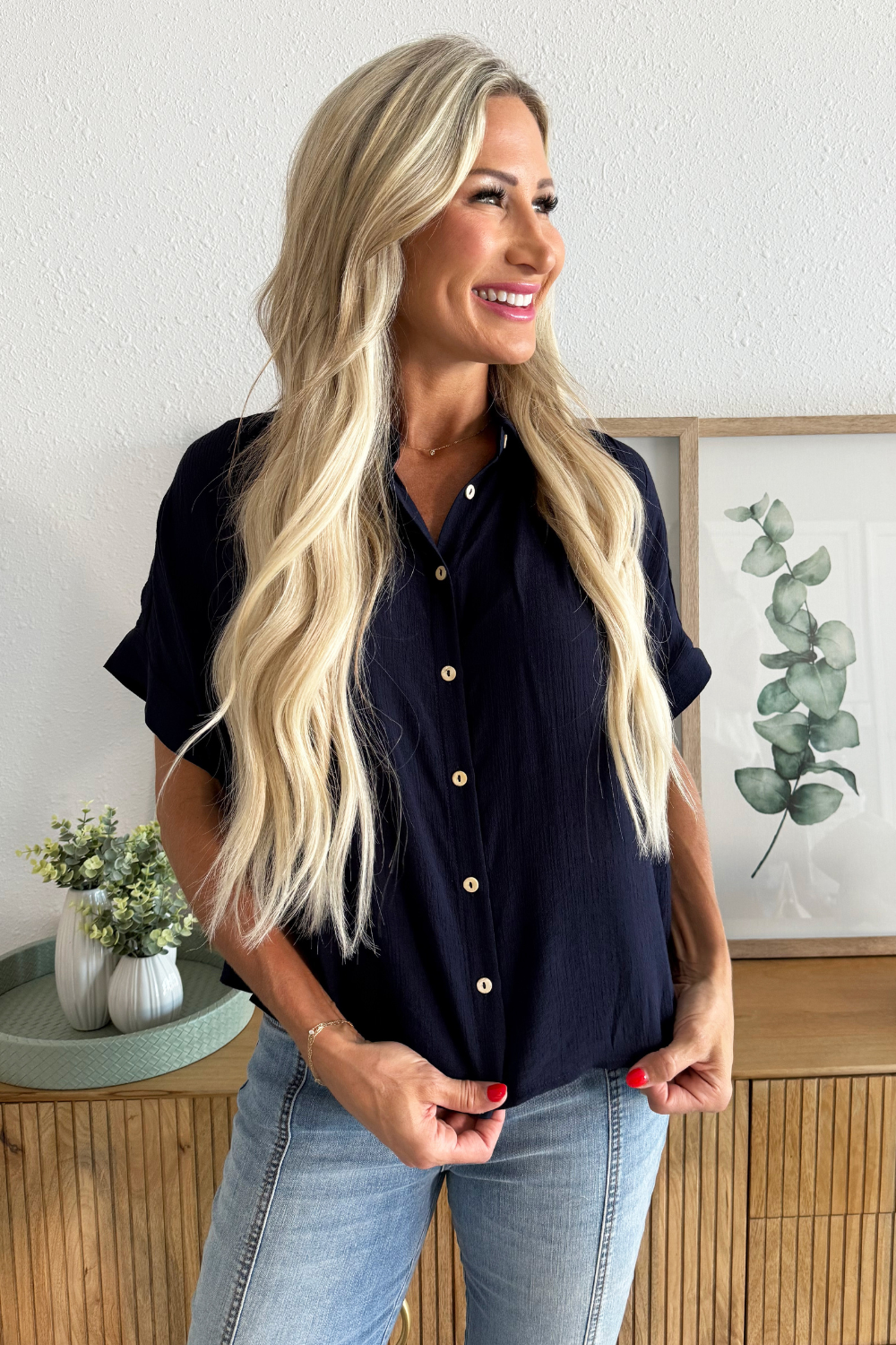 Solid Short Sleeve Button Down Top
