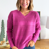 V Neck Side Texture Detailed Long Sleeve Pullover Sweater