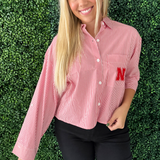 Nebraska Logo Patch Striped Button Up