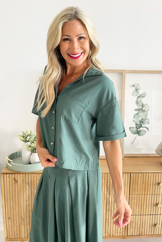 Open Collar Safari Short Sleeve Button Up Top