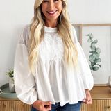 Lace Applique Detail Mixed Media Long Sleeve Blouse