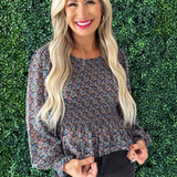 Printed Balloon Sleeve Peplum Top