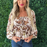 Abstract Floral Square Neck Puff Sleeve Top