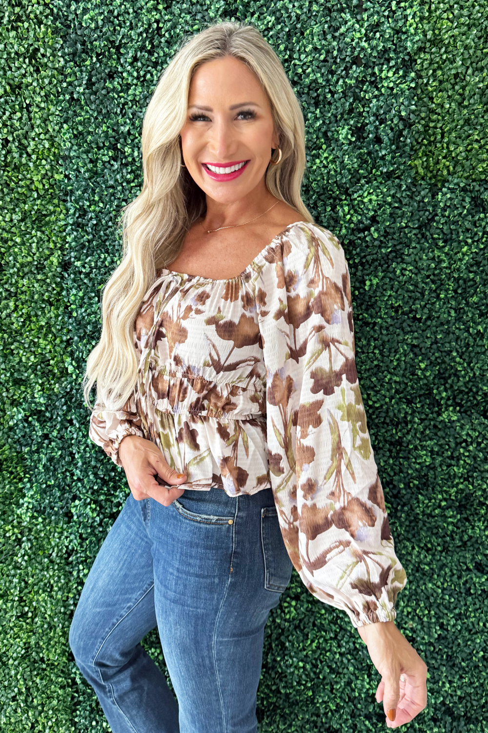 Abstract Floral Square Neck Puff Sleeve Top