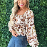Abstract Floral Square Neck Puff Sleeve Top