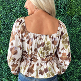 Abstract Floral Square Neck Puff Sleeve Top