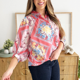 Scarf Print Satin Button Down Blouse
