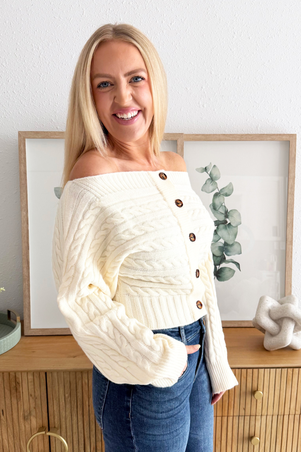 Off Shoulder Button Down Sweater Top