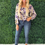 Abstract Floral Square Neck Puff Sleeve Top