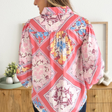 Scarf Print Satin Button Down Blouse