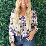 Abstract Floral Square Neck Puff Sleeve Top