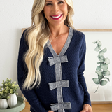 Bow Accent V-Neck Button Down Cardigan