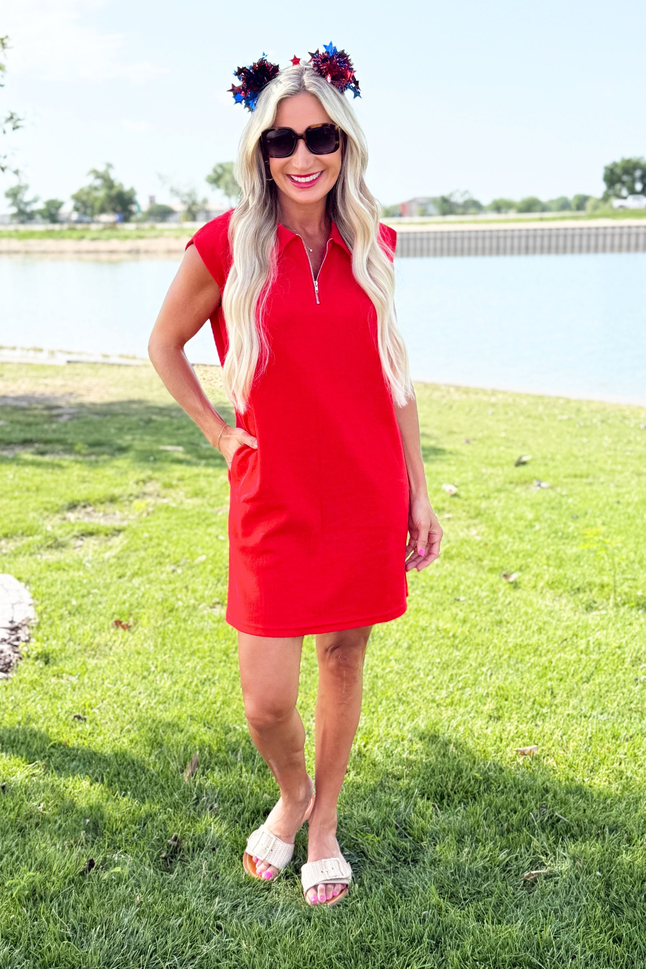 Sleeveless Polo Collar Half Zip Dress