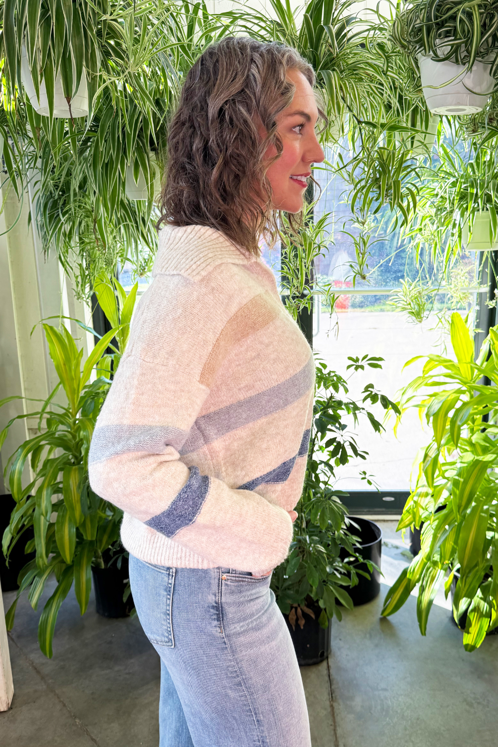 Striped Ribbed Wide Collar with V Slit Sweater