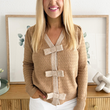 Bow Accent V-Neck Button Down Cardigan
