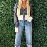 Two Tone V Neck Button Front Sweater