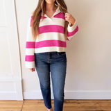 Stripe Drop Shoulder with Wide Collar Sweater