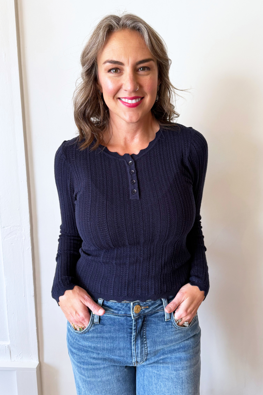 Pointelle Henley Sweater with Scalloped Edges