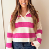Stripe Drop Shoulder with Wide Collar Sweater