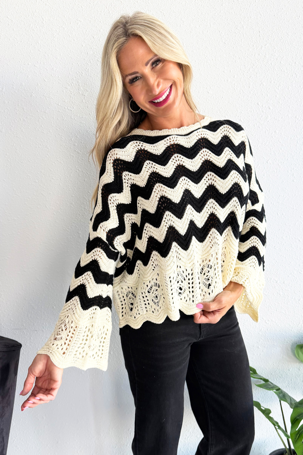 Chevron Scallop Border Knit Sweater