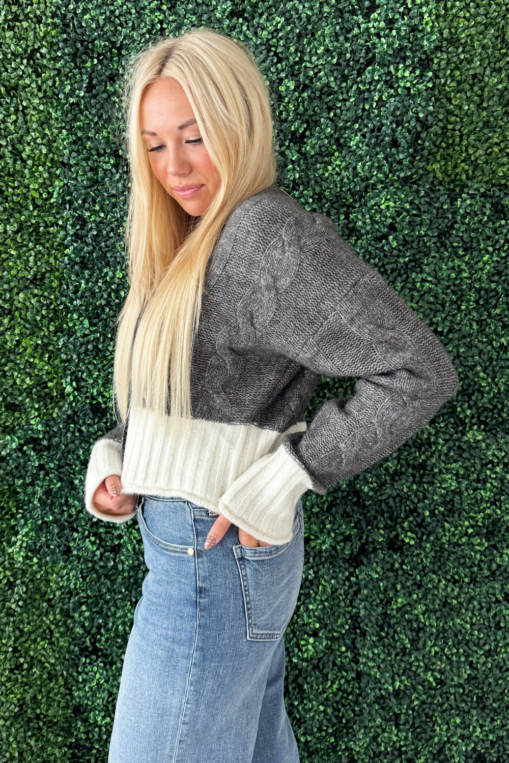 Two Tone V Neck Button Front Sweater