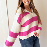 Stripe Drop Shoulder with Wide Collar Sweater
