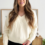 V Neck Flower Embrordery Sweater