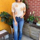 Embroidered Flower Pointelle Short Sleeve Top