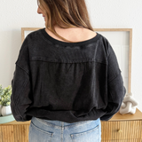 Snow Washed V-Neck Long Sleeve Top