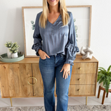 Long Sleeve Woven Blouse W/ Ruffles