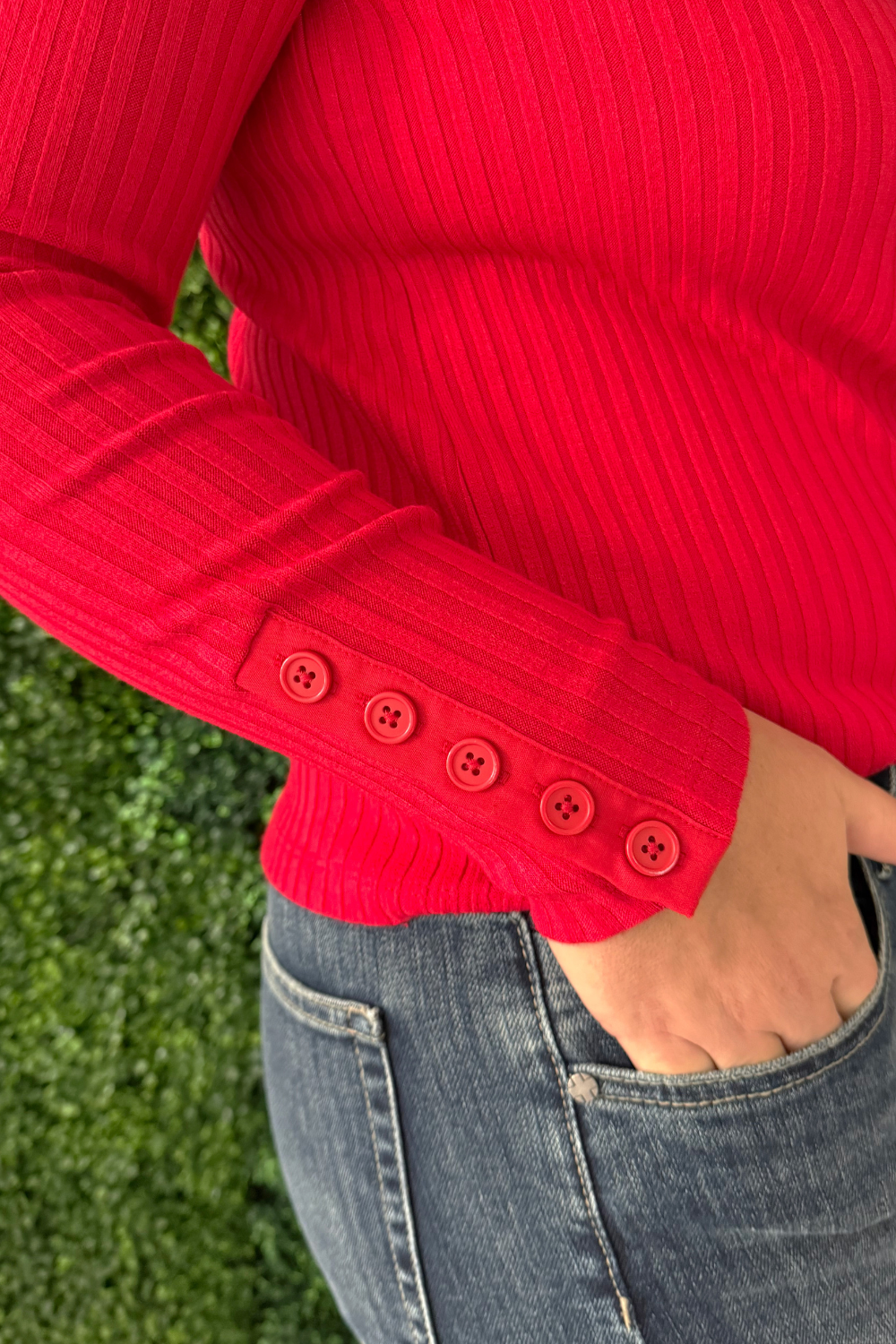 Long Sleeve Mock Neck Knit Top w/ Button Detail