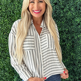 Stripe Button Down Front Pocket Blouse
