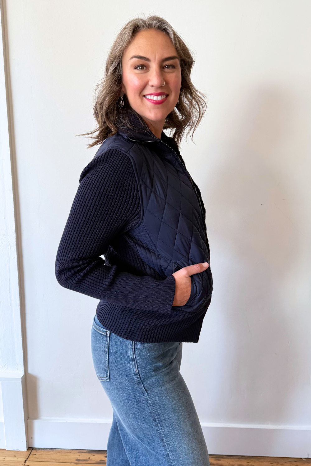 Long Sleeve Zip Front Sweater/Woven Jacket